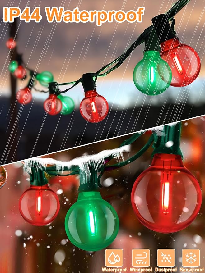 SUNSGNE 50FT Vintage Christmas Lights Outdoor, G40 LED Globe Outdoor Christmas Lights with 27 LED Clear Red Green Bulbs(2 Spare) for Patio Balcony Roofline Decor, Green Wire