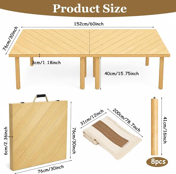 60" x 30" Low Picnic Table with Boho Table Runner Wooden Table with 8 Sturdy Legs Folding Picnic Table for 6 People Backyard Picnic Beach Garden Party Camping