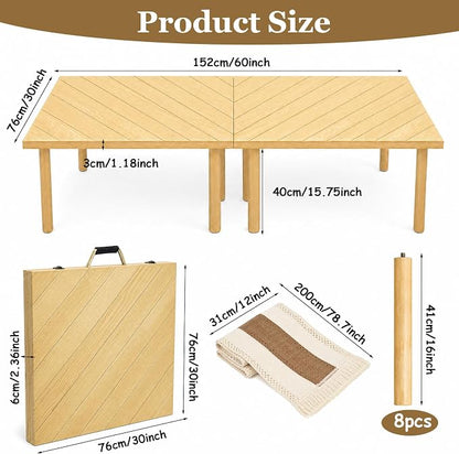 60" x 30" Low Picnic Table with Boho Table Runner Wooden Table with 8 Sturdy Legs Folding Picnic Table for 6 People Backyard Picnic Beach Garden Party Camping