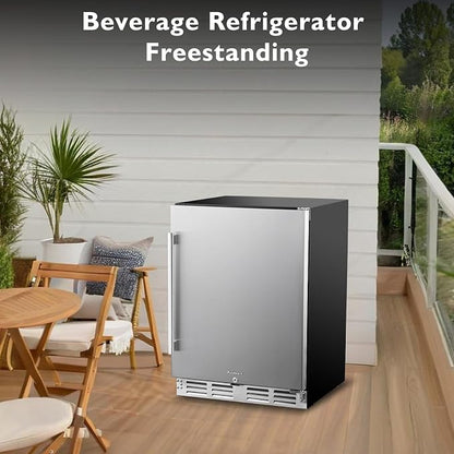 Kalamera 24 inch Stainless Steel Beverage Refrigerator, Outdoor Mini Fridge | Under Counter Beverage Cooler for 154 Cans with 32-41℉ Temperature Range - Soda, Beer Refrigerator with Soild Stainless Door