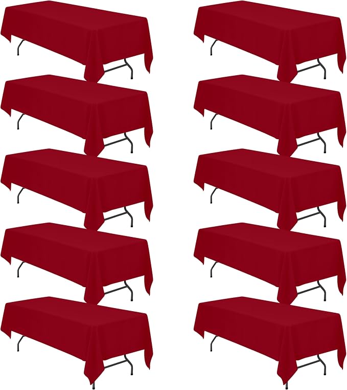 BRILLMAX 10 Pack Burgundy Tablecloths 60x126 Inch for 8ft Rectangle Tables | 150 GSM Polyester Fabric, 15" Standard Drop, Water, Stain & Wrinkle Resistant Cloth Cover for Wedding Reception Banquet Party