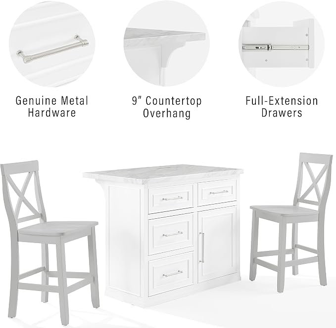 Crosley Furniture Cutler Kitchen Island with Faux Marble Top and X-Back Stools, White/Gray