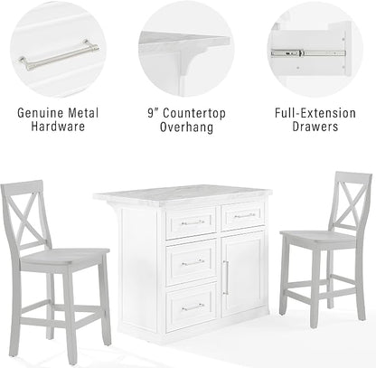 Crosley Furniture Cutler Kitchen Island with Faux Marble Top and X-Back Stools, White/Gray