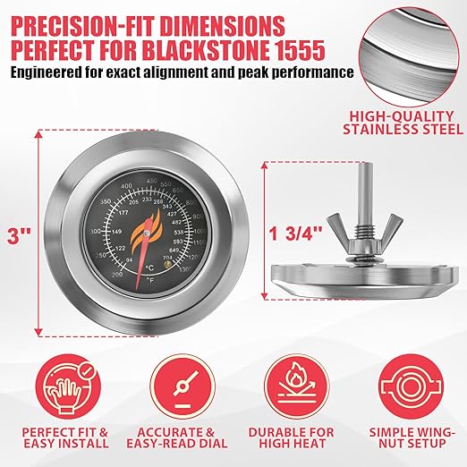 3" BBQ Temperature Gauge for Blackstone Tailgater 1555 Combo Grill, Replacement Thermometer for Blackstone 1555 On The Go Tailgator Grill Griddle Temperature, 200°F to 1300°F, 1PC