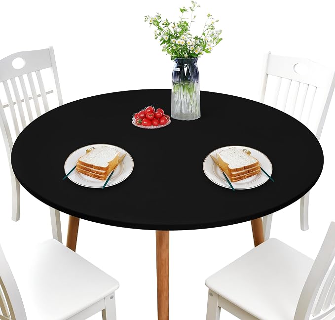 NEWISHER Round Fitted Table Cover Spandex Stretch Tablecloth Black Table Top Cover with Elastic Edged for Dining Picnic Patio 60 inch