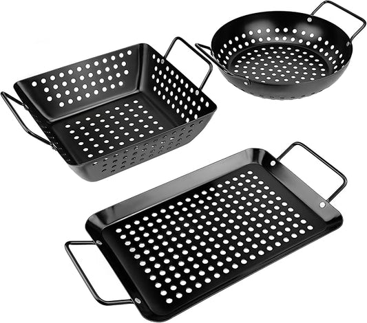 Qetumst Small Non-Stick 3 Piece Grill Basket Set – BBQ Grilling Basket for Vegetables, Seafood & Meat – Heavy Duty Perforated Grill Pan for Charcoal, Gas and Outdoor Grills, Easy to Clean Grilling Accessories