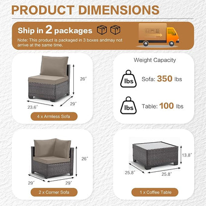 MOCHITO 7 Pieces Outdoor Patio Furniture Sets, All-Weather Sectional Sofa Dark Brown PE Rattan Wicker Conversation Set with Glass Table and Washable Khaki Cushions for Backyard,Sunroom,Garden
