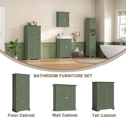 ChooChoo 51" H Bathroom Floor Cabinet with Drawers and Adjustable Shelves | Bathroom Storage Cabinet, Freestanding Kitchen Pantry Cupboard with 4 Doors for Living Room, Green