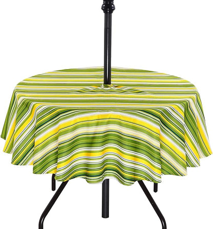 Poise3EHome 60 Inches Round Outdoor Tablecloth with Umbrella Hole and Zipper,Spillproof Patio Table Cloth for Camping Picnic Party Garden Table, Green Striped