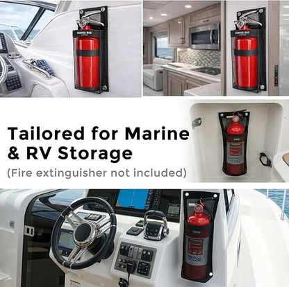 Marine Mesh Single Pocket Boat Gear Storage Bag, Black Fabric Marine Fire Extinguisher Holder, Screw Snap Mount (Black, Medium)