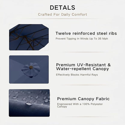 Kingdura 13ft Large Patio Umbrella with Base Included, Double-Sided Rectangle Outdoor Table Umbrella with 12 Reinforced Ribs, Crank Lift for Market Pool Deck Backyard, Navy blue