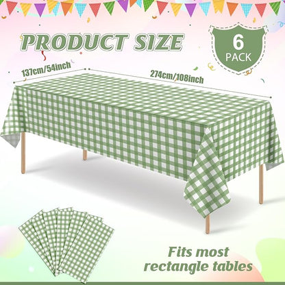 6 Pcs Sage Green Gingham Tablecloths, Checkered Table Covers 54 x 108 Inch | Green and White Checkered Tablecloths, Disposable Waterproof for Baby & Bridal Shower Picnic Camping Barbecue Birthday Party