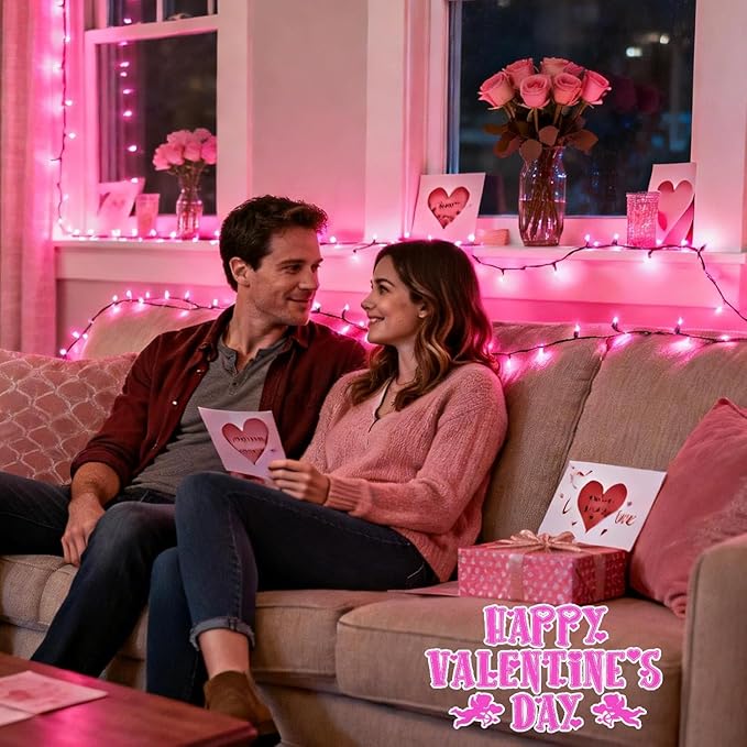 Pooqla Pink String Lights Battery Powered, 2 Pack Total 33 FT 100 LED Pink Valentines Day String Lights for Indoor Outdoor Decoration, Twinkle Fairy Light for Valentines Day Decorations