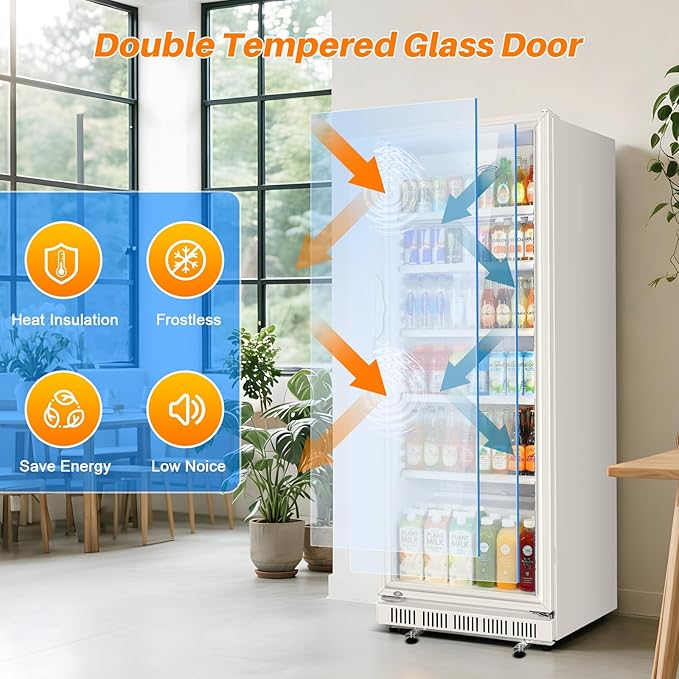 Velivi Commercial Beverage Refrigerator, 24.5" Glass Door Display Fridge, 15 Cu.Ft Beverage Cooler with 5 Adjustable Shelves, Auto Rebound Door, Low Noise, for Shops, Restaurants & Bars WHITE