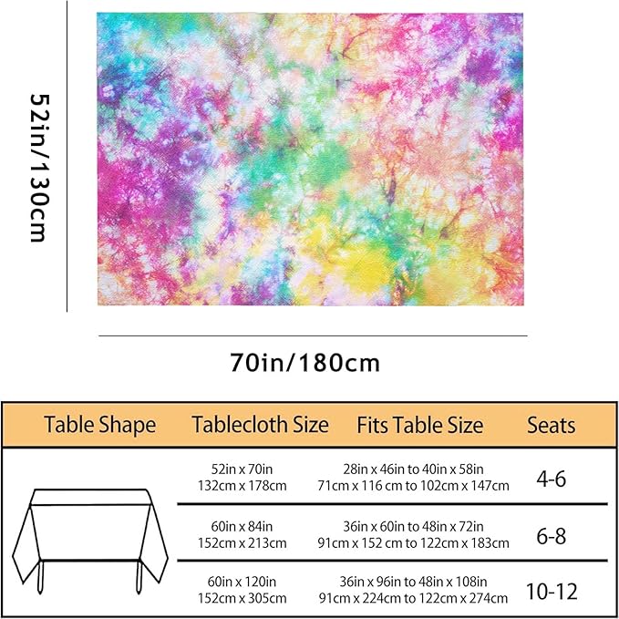 TKS MITLAN Tie Dye Tablecloth 52 x 70 Inch Rectangular Rainbow Splash Tie Dye Pattern Oblong Table Cloth Kitchen Table Decorations for Home Dinner Party