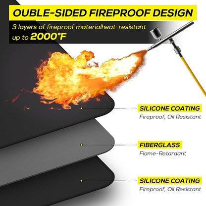 FLASLD Heavy-Duty Under Grill Mat 59inch Square Fire Pit Mat,3 Layers Fireproof Waterproof Grill Pads Protect for Deck,Patio,Outdoor Charcoal,Smokers,Wood Floor,Indoor Black Fireplace Mat Reusable