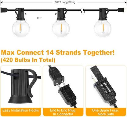 Bosceos 60FT Outdoor G40 LED Globe String Lights Dimmable Waterproof Shatterproof Light Strings with 30 Bulbs Connectable Commercial Hanging Lights for Christmas Patio House Backyard Balcony Party