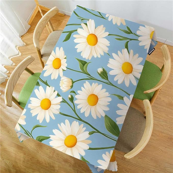 Swono Tablecloth 52"X70" Daisy, Blossom Floral White Daisy Rectangle Table Cover Anti-Oil Tablecloth for Dining Tables, Parties, Picnic, Wedding and Banquet Decoration