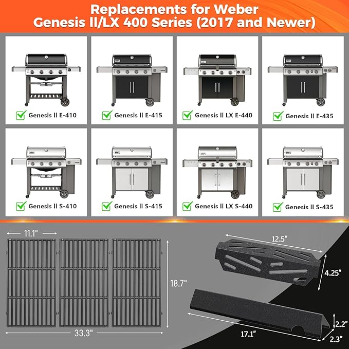 Grill Parts for Weber Genesis II/LX 400 Series (4 Burner) – 18 3/4" Grill Grates, 17 1/8" Flavorizer Bars & Heat Deflectors, Fits GS4 Genesis II E/S-410 E/S-415 E/S-435 E/S-440, Replaces 66033 66089