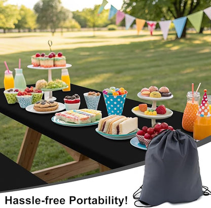 Smiry Picnic Table Cover with Bench Covers, Waterproof Elastic Fitted Polyester Tablecloths for 4 Ft Rectangle Tables, Washable Windproof Tablecloth for Camping, RV & Outdoor (Black, 24x48 Inches)