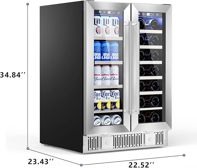 Electactic Dual Zone Wine Cooler with Glass Door, 21 Bottles and 88 Cans Wine and Beverage Refrigerator, 4.4 cu.Ft 24 Inch Built in or Under Counter Wine Fridge with LED Light, Two Door Lock