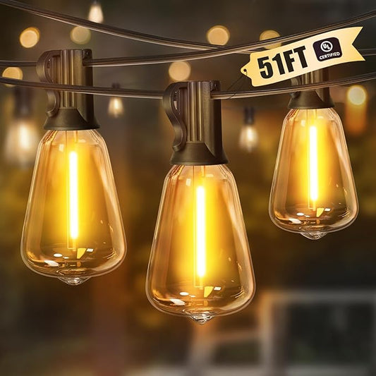 LAMPHOME Outdoor String Lights Waterproof, 51FT LED Patio Lights with 25+2 Spare ST38 Shatterproof Vintage Edison Bulbs,Connectable Hanging Lights for Backyard Garden Porch Deck Balcony Party Decor