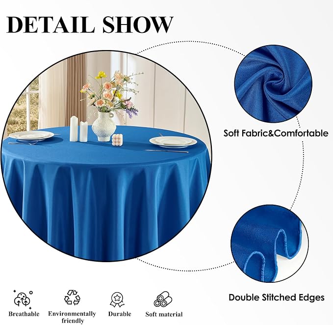 2 Pack Royal Blue Round Tablecloths 132 Inch for Dining Tables | Washable Decorative Linen Polyester Table Cover for Banquets Buffets Parties and Weddings