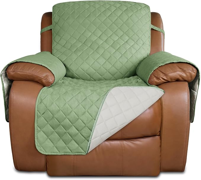 PureFit Reversible Recliner Chair Covers Couch Covers for Dogs, 28 in | Sage Green/Ivory, Water Resistant Couch Protector, Washable Pet Couch Cover with Non Slip and Elastic Straps For Kids
