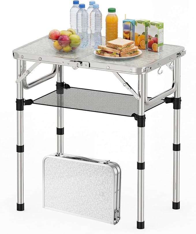 YihuiKo Small Folding Table with Carrying Handle, Portable Picnic Table | Adjustable Heights Max 27.5", Storage Net, Carrying Handle, Aluminum Alloy Frame, Foldable Table, For Camping/Patio