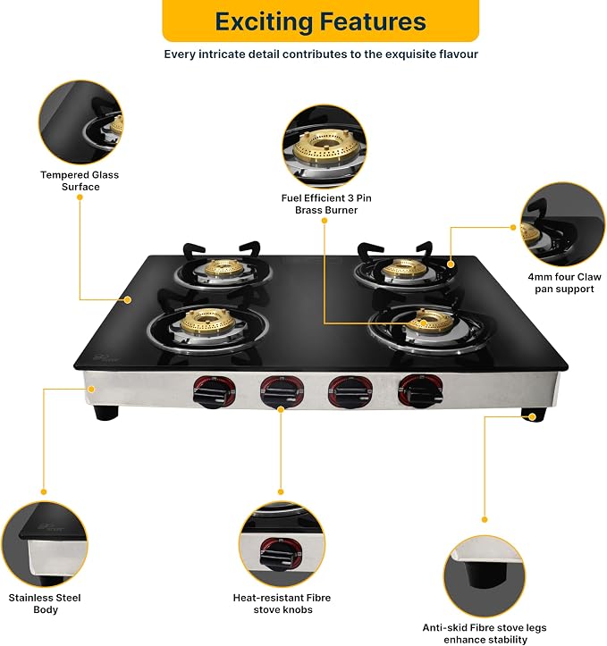 24 Inch Gas Cooktop, Tempered Glass Gas Stove with 4 Burner | Stainless Steel Lower Body Countertop Gas Stove for RV Propane Stove, Apartment & Outdoor Use with Hose Pipe & Regulator