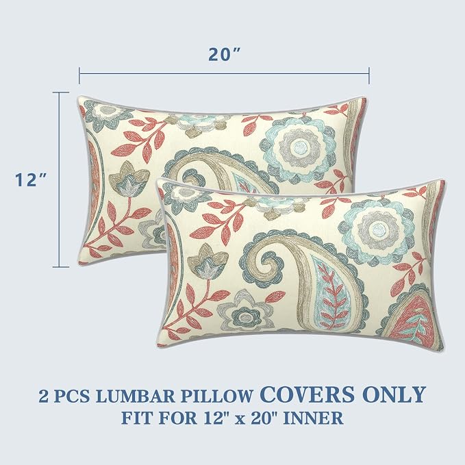 LVTXIII 2 Pack Outdoor Lumbar Pillow Covers 12x20 Inch with Piping, Water-Repellent Back Cushion Covers ONLY for Patio Furniture, Sofa, Garden Bench, Paisley Vintage