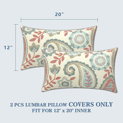 LVTXIII 2 Pack Outdoor Lumbar Pillow Covers 12x20 Inch with Piping, Water-Repellent Back Cushion Covers ONLY for Patio Furniture, Sofa, Garden Bench, Paisley Vintage