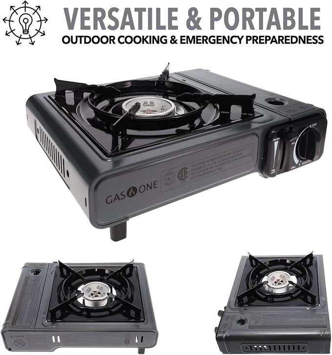 GasOne Portable Butane Camping Stove with Case + 4 Fuel Canister Catridge: Automatic Ignition, Precise Heat Control - Camping & Tailgating and Outdoor Cooking