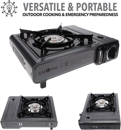 GasOne Portable Butane Camping Stove with Case + 4 Fuel Canister Catridge: Automatic Ignition, Precise Heat Control - Camping & Tailgating and Outdoor Cooking