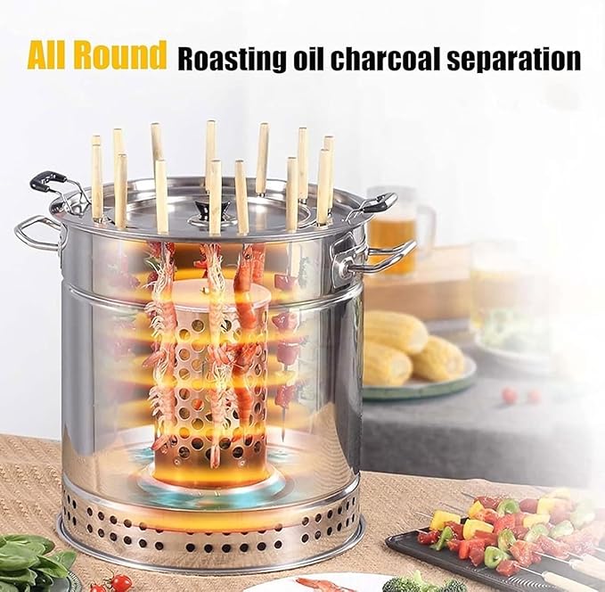 Stainless Steel Indoor Charcoal BBQ Stove,Vertical Smokeless Charcoal BBQ Barrel Grill,360° Roasting All Round Roasting Oven with Handle for Travel Camping Picnic Patio Backyard(28pcs)