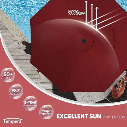 Tempera Patio Market Outdoor Table Umbrella with Auto Tilt and Crank, Large Sun Umbrella with Sturdy Pole & Fade Resistant Canopy, Easy to Set
