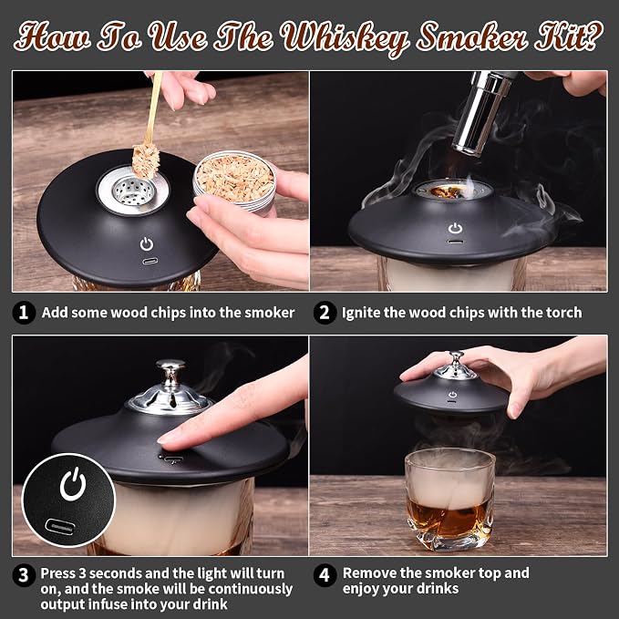 Electric Whiskey Smoker Kit, Old Fashioned Smoker Kit with 8 Wood Chip, Cocktail Smoker Kit with Whiskey Stone, Drink Smoker Gift Set for Birthday, Bourbon Whiskey for Men, Dad, Husband