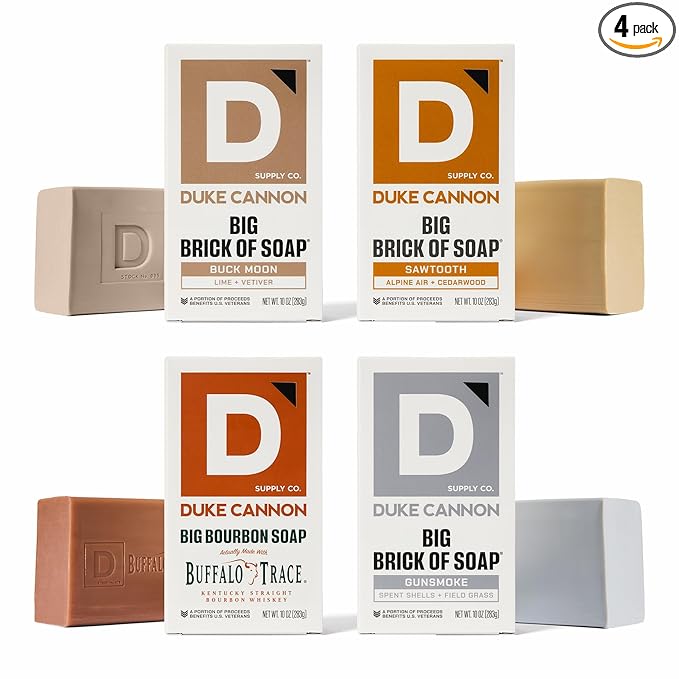 Duke Cannon Supply Co. Large Bar Soap Bundle - Men's Soap with Masculine Scents - USA-made - All Skin Types - Gun Smoke, Buck Moon, Sawtooth & Bourbon - 10 oz (4 Pack)