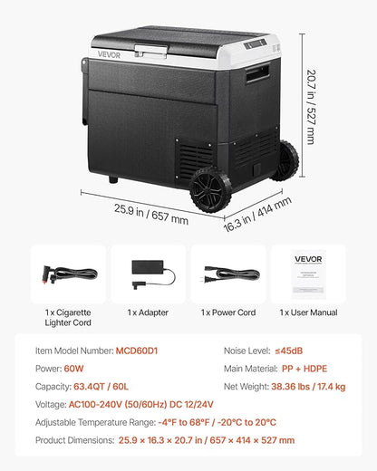 VEVOR 12 Volt Car Refrigerator, 63.4QT/60L Car Fridge, Portable Electric Cooler with Wheels and Handle, -4℉~68℉, 12/24V DC and 100-240V AC Compressor Freezer for Outdoor, Camping, Travel, RV