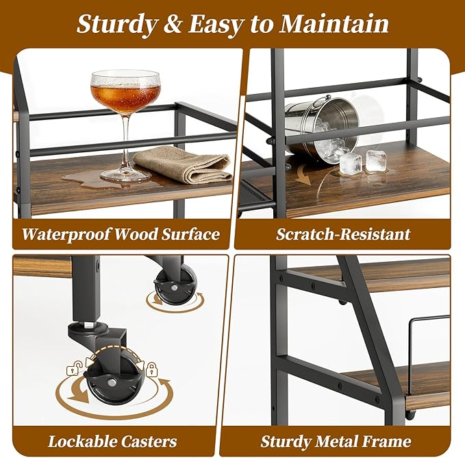 VINAEMO Rolling Bar Cart with Wine Glass Holder, Bar Carts for The Home, Bar Stand for Home, Small Mini Bar for Whiskey Wine, Liquor Cart for Home Bar, Alcohol Cabinet for Bar, Kitchen, Dining Room