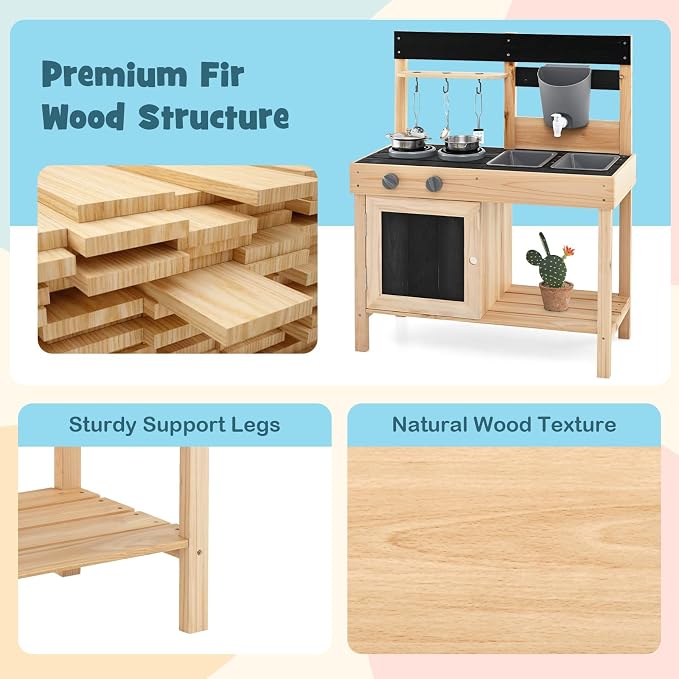HONEY JOY Fir Wood Outdoor Play Kitchen for Toddlers, Realistic Faucet & Water Tank, Stoves, Sink, Storage Shelf, Outside Kitchen Playset, Mud Kitchen for Kids Outdoor Backyard