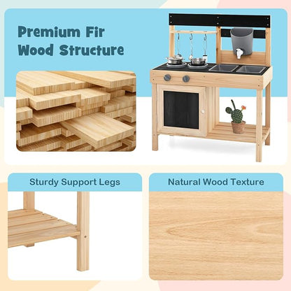 HONEY JOY Fir Wood Outdoor Play Kitchen for Toddlers, Realistic Faucet & Water Tank, Stoves, Sink, Storage Shelf, Outside Kitchen Playset, Mud Kitchen for Kids Outdoor Backyard