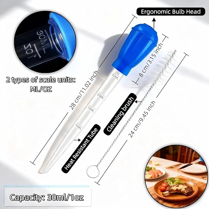 Professional Kitchen Marinade Injector, 30ml Food-Grade Heat-Resistant Meat Syringe with Cleaning Brush, Clear Scale Markings, Non-Slip Grip for Juicy Turkey, Poultry, Beef (Blue(Large))