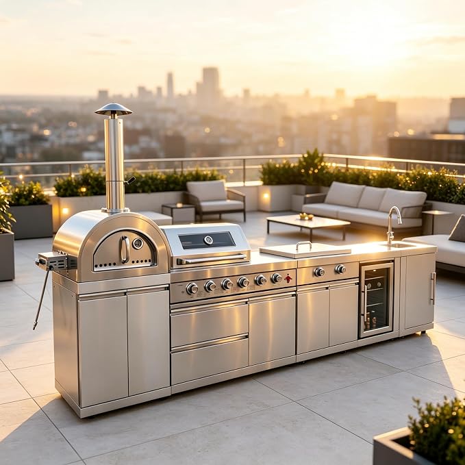 Luxury Modular Outdoor Kitchen Island, Stainless Steel Outdoor BBQ Grill Station with Sink, Storage, Countertop, Refrigerator, Pizza Oven, Backyard Patio Cooking for Family Gathering Entertaining