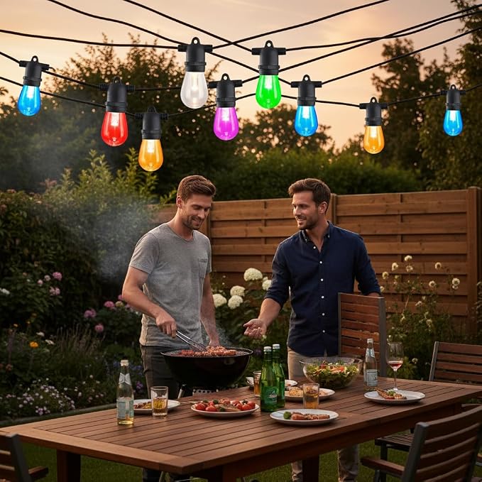 48FT Solar-Powered RGB Outdoor String Lights – Dimmable Waterproof Patio Lights with Remote Control for Garden, Backyard, and Deck