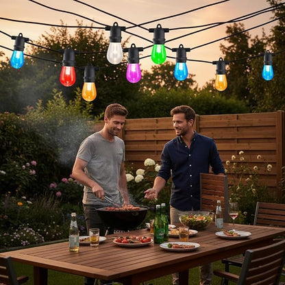 48FT Solar-Powered RGB Outdoor String Lights – Dimmable Waterproof Patio Lights with Remote Control for Garden, Backyard, and Deck