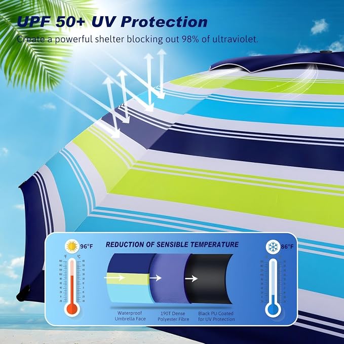 Fisqueen 8FT Large Beach Umbrella with Wind Resistance Sand Anchor Sand Bag, Portable Outdoor Umbrella with UPF50+ UV Protection, Tilt Sun Shelter for Beach, Patio, Yard