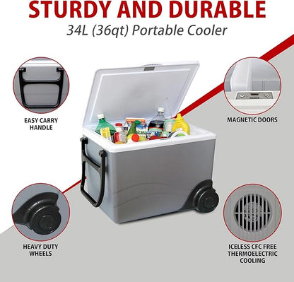 Koolatron Thermoelectric Iceless 12V Cooler/Warmer 36 qt (34 L) w/Wheels, Portable Electric Rolling Car Fridge w/ 12 Volt DC Power Cord, Gray/White, Travel Road Trips Camping, Made in North America