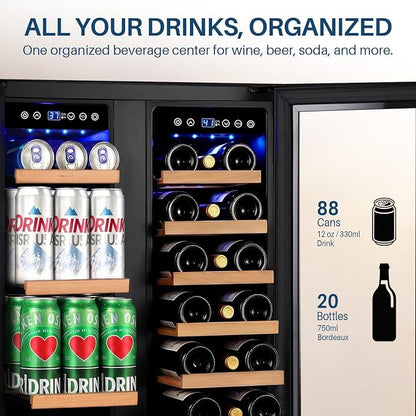 24 Inch Wine and Beverage Refrigerator Dual Zone Wine Fridge Beverage Cooler Holds 88 Cans and 20 Bottles, Seamless Frame, Built-In or Freestanding with Glass Door for Kitchen, Home Bar