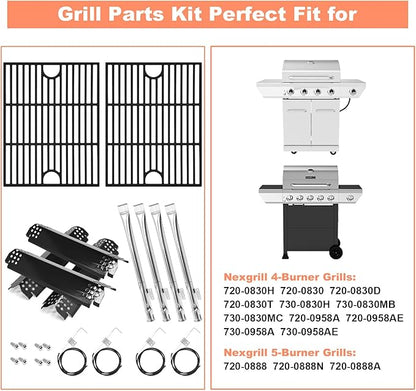 Grill Parts for Nexgrill 720-0830H 720-0830 720-0830D 720-0830T 730-0830MB 730-0830H Cast Iron 17" Cooking Grates, Porcelain Steel Heat Plates, Burner Replacement Kit for Home Depot Nexgrill 4 Burner